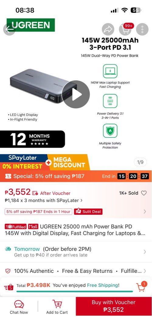 Ugreen laptop powerbank (Category: Batteries & Power Banks) located in Cavite. Submitted by paula3 (Listing ID 1470936399, Image 1). Description: .