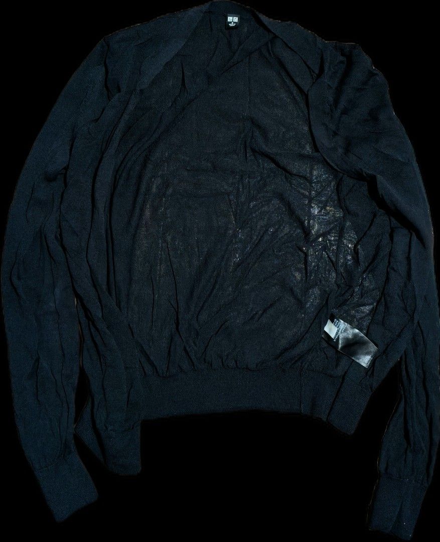 Uniqlo black cardigan (Category: Coats, Jackets and Outerwear) located in Quezon City. Submitted by morningstar_52 (Listing ID 1471035180, Image 1). Description: - Brand: Uniqlo - Item: Open front knit cardigan - Color: Black - Size: S - Material: 55% lyocell, 45% acetate blend (very thin and breathable) - Features: Long sleeves, ribbed cuffs and hem.