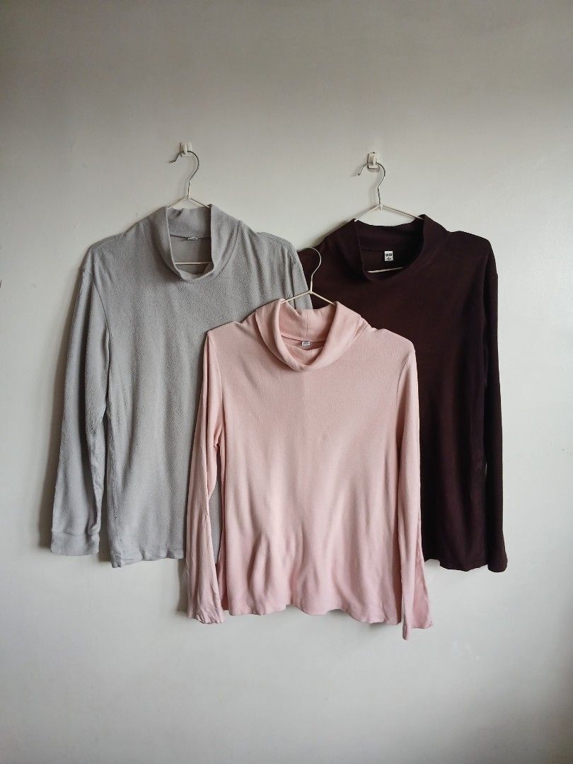 Uniqlo Heattech Fleece Mock Neck Bundle Take All MEDIUM (Category: Longsleeves) located in Quezon City. Submitted by hzl_praise (Listing ID 1470949648, Image 1). Description: Uniqlo Heattech Fleece Mock and Turtle Neck Long Sleeves 3 for 650 | MEDIUM Bundle 2 PCS. Uniqlo Mock Neck Heattech Fleece Color: Gray, Brown (Size: Small on tag) Oversized Uniqlo Turtle Neck Heattech Fleece Color: Light Pink (Size: Medium on tag) All Items: No issues | In g