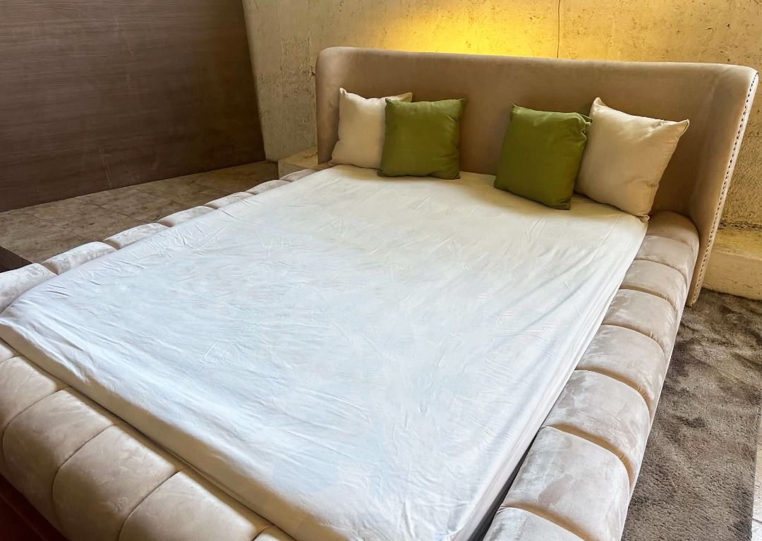 Upholstered Queen Bed Frame with Tufted Headboard and Pillows (Category: Bed Frames & Mattresses) located in Paranaque City. Submitted by lafurnitureph (Listing ID 1471006675, Image 3). Description: Queen Size Cloud Bed with Headboard Fabric: Beige Velvet Size: Queen Size Price: 25,000 only Location: Paranaque For all made-to-order furniture, our payment terms are as follows: 50% Down Payment – Required upon order confirmation to begin production