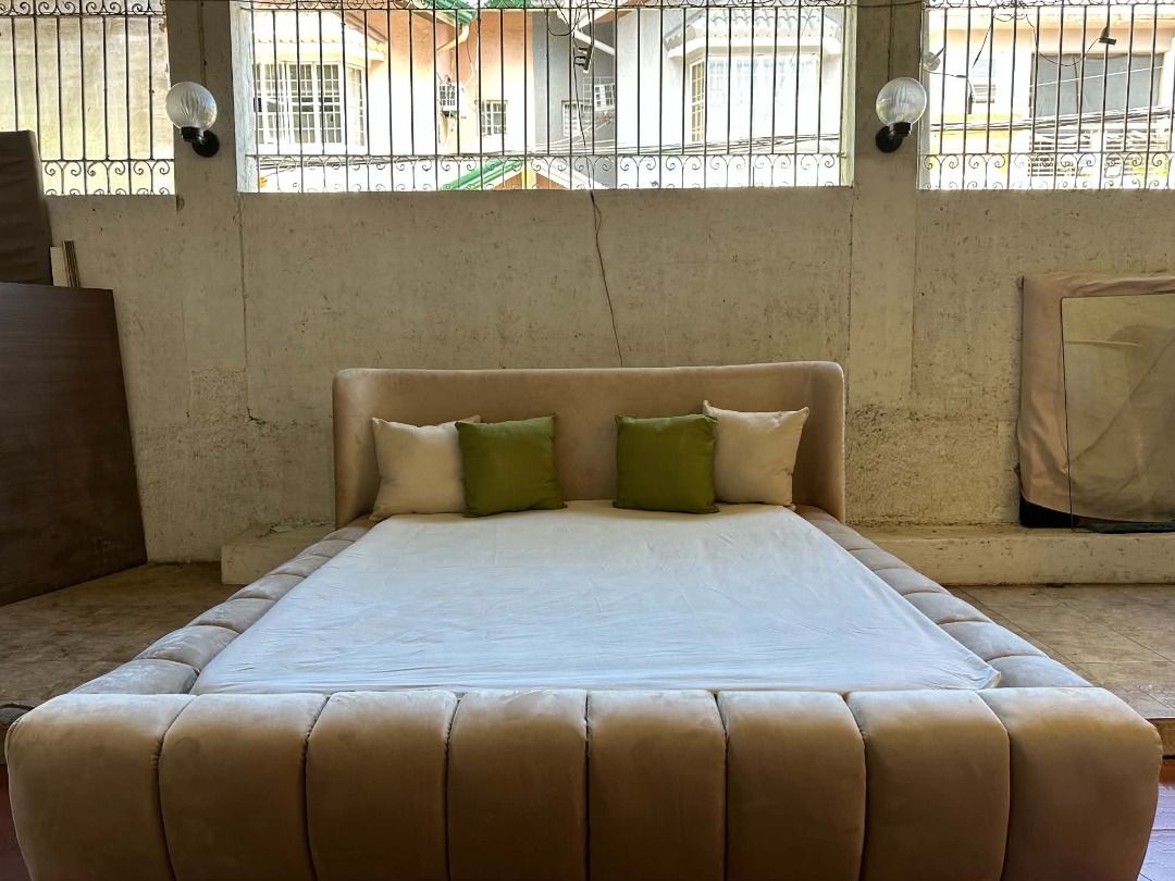 Upholstered Queen Bed Frame with Tufted Headboard and Pillows (Category: Bed Frames & Mattresses) located in Paranaque City. Submitted by lafurnitureph (Listing ID 1471006675, Image 1). Description: Queen Size Cloud Bed with Headboard Fabric: Beige Velvet Size: Queen Size Price: 25,000 only Location: Paranaque For all made-to-order furniture, our payment terms are as follows: 50% Down Payment – Required upon order confirmation to begin production