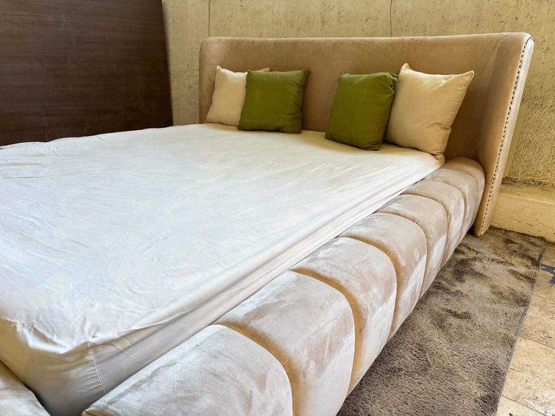 Upholstered Queen Bed Frame with Tufted Headboard and Pillows (Category: Bed Frames & Mattresses) located in Paranaque City. Submitted by lafurnitureph (Listing ID 1471006675, Image 2). Description: Queen Size Cloud Bed with Headboard Fabric: Beige Velvet Size: Queen Size Price: 25,000 only Location: Paranaque For all made-to-order furniture, our payment terms are as follows: 50% Down Payment – Required upon order confirmation to begin production