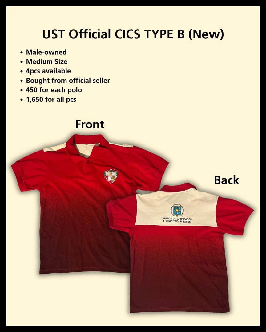 UST Official CICS Type A, Type B Polos, and Shorts Bundle (Category: Activewear) located in Quezon City. Submitted by amarakisells (Listing ID 1471070942, Image 2). Description: UST CICS Uniforms for Sale Selling UST uniforms and official merchandise originally purchased from official sellers. AVAILABLE ITEMS 1. UST CICS Type A Polo - For male students - Size: Small - Quantity: 5 pieces - Price: ₱400 each - Bundle price: ₱1,950 for all 5 2. UST C