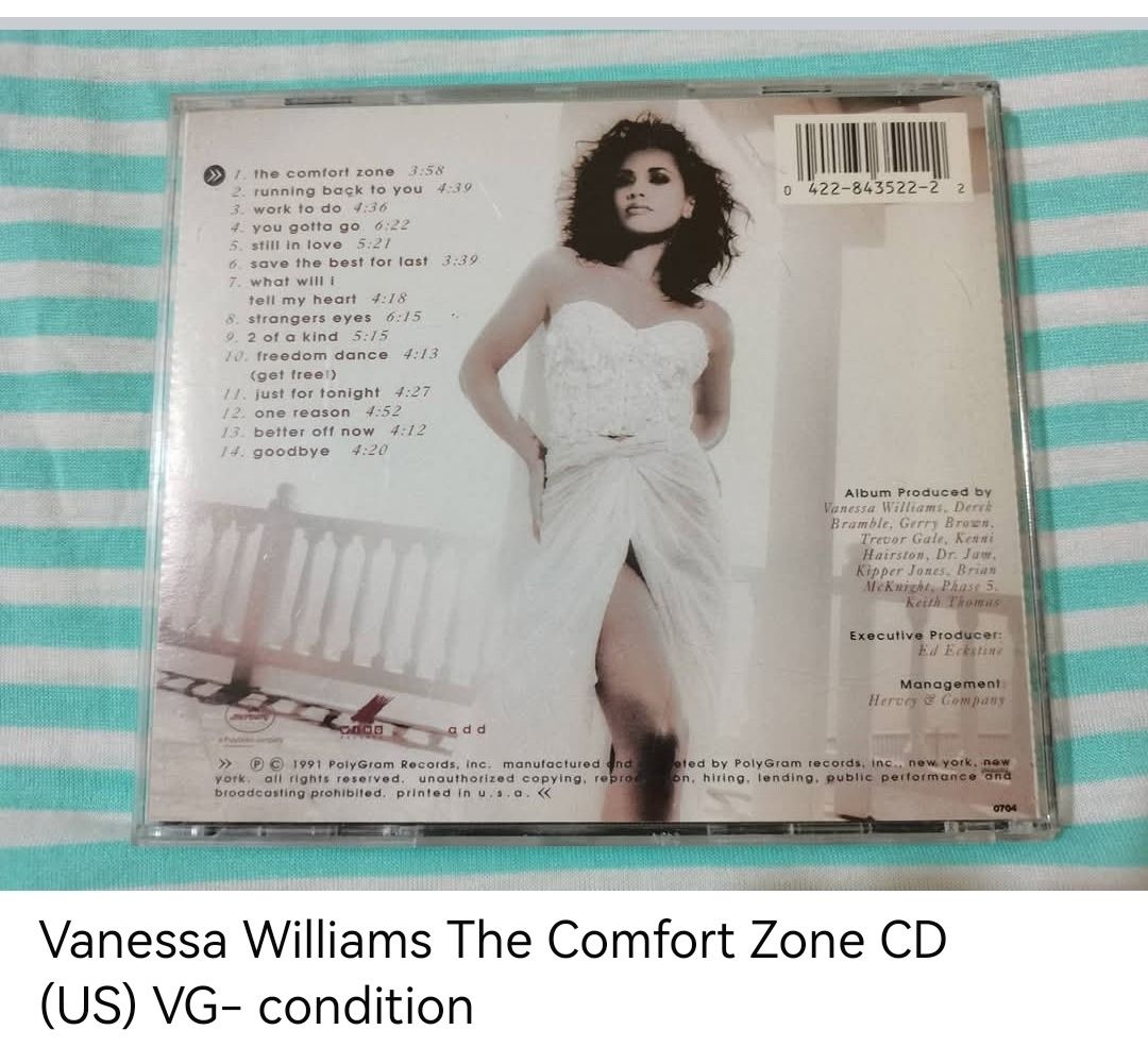 Vanessa Williams The Comfort Zone CD (unsealed) (Category: CDs & DVDs) located in Dangcagan. Submitted by cd_haven5 (Listing ID 1471012204, Image 2). Description: #FORSALE #FORSALE #FORSALE #Authentic #Legit #Original We only sell original items. All items posted are on hand. Please message me for availability of the item/s because the items are also posted on my other online stores. All items are imported unless stated PH. We also accept Pre-ord