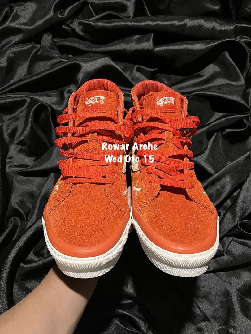 Vans Vault x WTAPS Sk8-Hi LX Bones Orange (Category: Sneakers) located in Consolacion. Submitted by archerowar_20 (Listing ID 1471094070, Image 3). Description: - Brand: Vans Vault x WTAPS - Style: High top sneakers in vibrant orange suede - Design: All-over white bone embroidery and iconic white side stripes - Details: "WTVUA" embroidered on heel counters, red laces, and red Originals license plates - Soles: Bright orange foxing stripe with clas