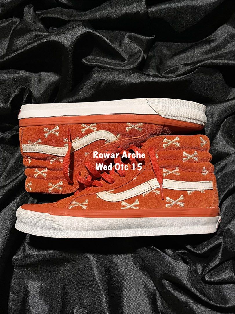 Vans Vault x WTAPS Sk8-Hi LX Bones Orange (Category: Sneakers) located in Consolacion. Submitted by archerowar_20 (Listing ID 1471094070, Image 2). Description: - Brand: Vans Vault x WTAPS - Style: High top sneakers in vibrant orange suede - Design: All-over white bone embroidery and iconic white side stripes - Details: "WTVUA" embroidered on heel counters, red laces, and red Originals license plates - Soles: Bright orange foxing stripe with clas
