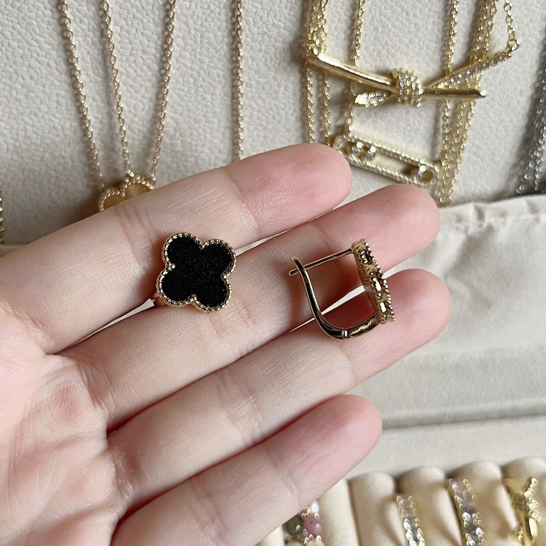 VCA BLACK CLOVER BRACELET AND EARRINGS (Category: Bracelets) located in Talavera. Submitted by curatedbykhy (Listing ID 1470963948, Image 3). Description: ₱999 as set! (bracelet and earrings) Earrings - english lock (hoop type) Bracelet - 6-7” — nice yellow gold color (pale yellow gold and not yellowish) .