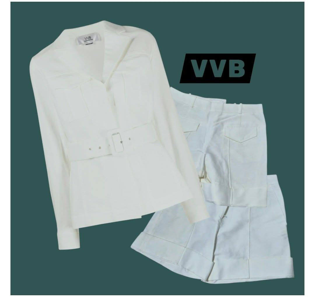 Victoria Beckham VVB White Jacket and Shorts Set (Category: Sets or Coordinates) located in Paranaque City. Submitted by calm_youngstore7 (Listing ID 1471019639, Image 2). Description: - Brand: Victoria Beckham VVB - Item: Matching white jacket and shorts set - Jacket details: Long sleeves, button-up, lapel collar, chest flap pockets, and included buckle belt - Shorts details: Tailored fit, front pleats, and cuffed hems - Style: Crisp, monochroma