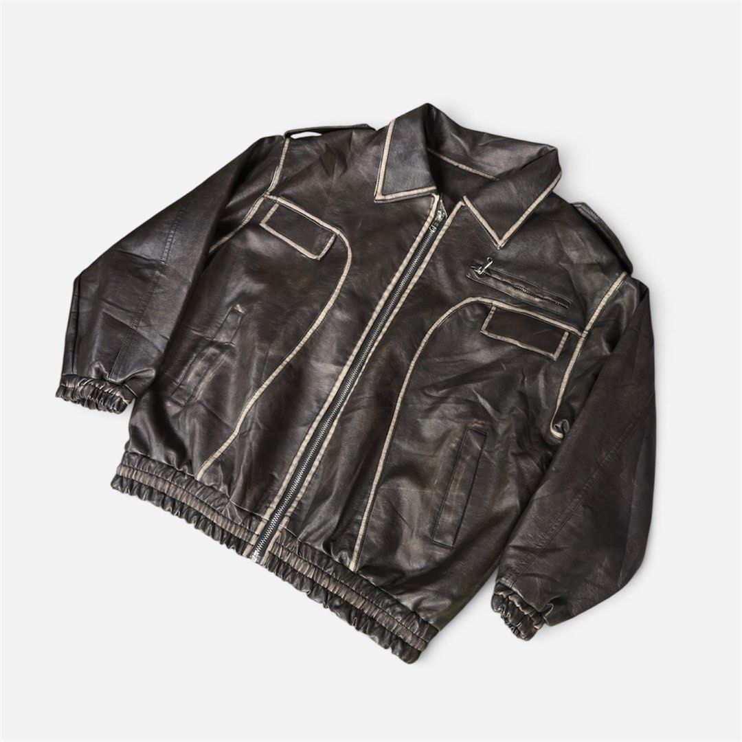 Vintage Dark Brown Leather Bomber Jacket with Piping (Category: Coats, Jackets and Outerwear) located in Cagayan de Oro. Submitted by caspian_thrift (Listing ID 1471015269, Image 2). Description: 21x21.5 Excellent Condition No Issue.