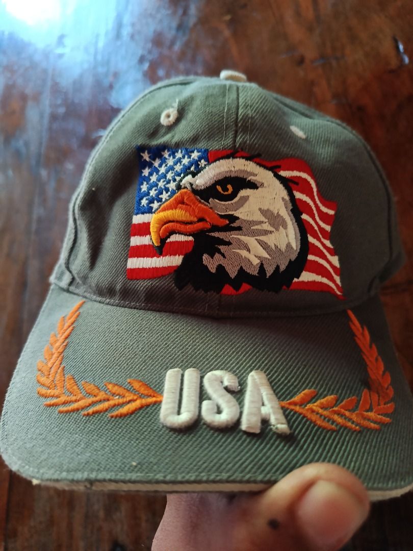 Vintage Embroidered USA CAP. (Embroidery) (Category: Caps & Hats) located in Dimiao. Submitted by knsclothingapparel_2025 (Listing ID 1470972449, Image 1). Description: #American Eagle with American flag cap #Embroidered design #sign of use but no flaws pinhole and discoloration # balikbayan box from USA #Origin of goods USA.