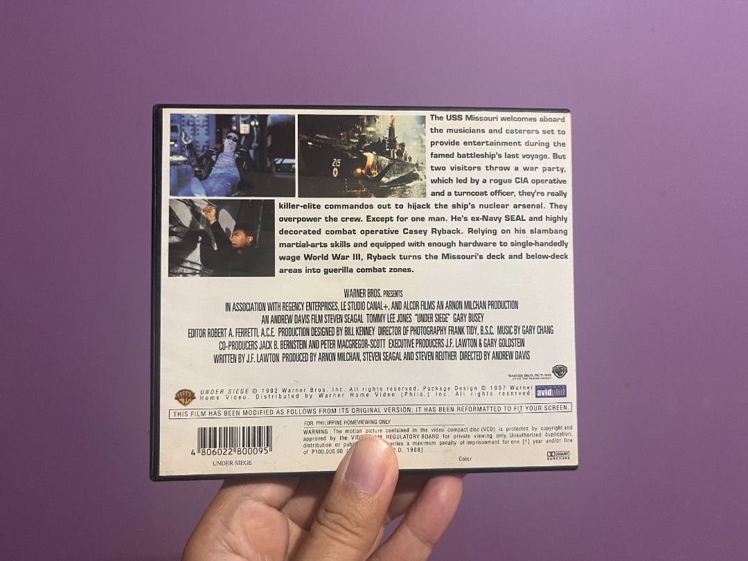 [VINTAGE VCD] Under Siege Starring Steven Seagal (Complete 2-Disc Set) (Category: CDs & DVDs) located in Dasmarinas. Submitted by eloise.sharpe (Listing ID 1471003292, Image 3). Description: Up for grabs is an original preloved Video CD (VCD) release of the classic 1992 action blockbuster "Under Siege" starring Steven Seagal and Tommy Lee Jones! Complete set including Disc 1 and Disc 2 in the original double clamshell case (Avid phil / Warner Hom