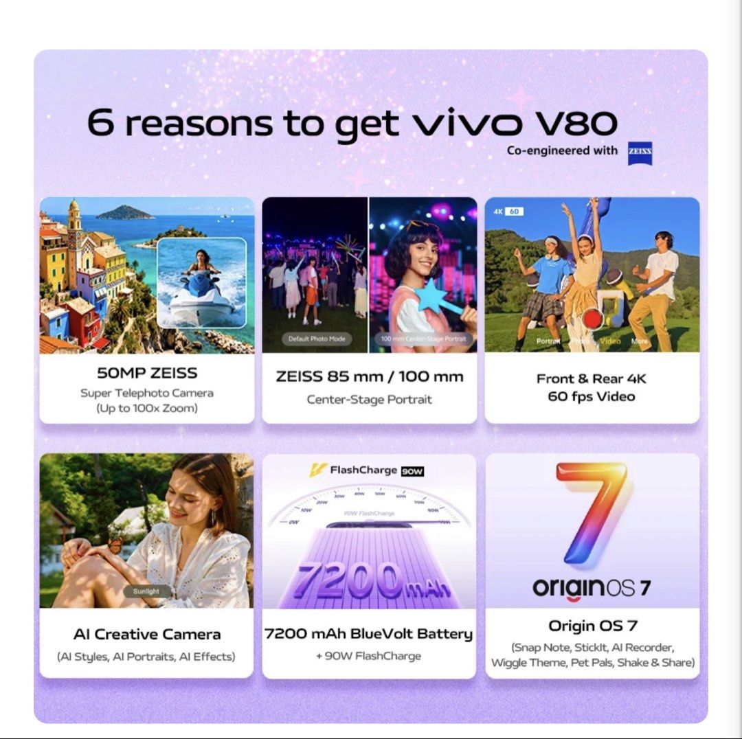 VIVO V80 (Category: Vivo) located in Bacolod City. Submitted by yellow1515 (Listing ID 1470945474, Image 2). Description: color: starwish purple storage: 128GB Onhand by Nov 12 onwards can meet up (MAKATI / BGC AREA ONLY) RFS: will only be taking VVIP benefit for kpop event.