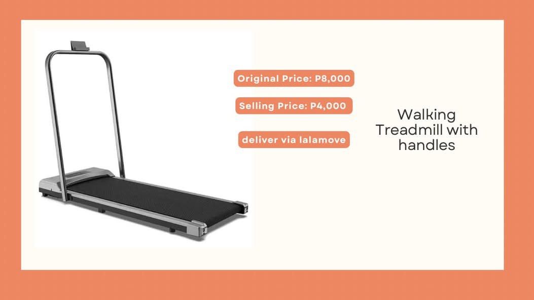 Walking Tread mill with Handles (Category: Cardio & Fitness Machines) located in Manila. Submitted by nallajean (Listing ID 1470958787, Image 1). Description: - Walking treadmill with safety handles - Great for home workouts and hitting daily steps - Original price: P8,000 - Selling price: P4,000 (50% OFF!) - Delivery: Via Lalamove (buyer's expense) - Message for more details and inquiries.