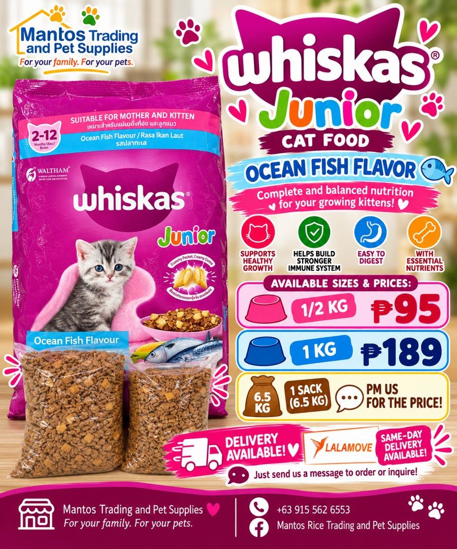 Whiskas Junior (Category: Pet Food) located in Marikina City. Submitted by kyladanise0531 (Listing ID 1470975698, Image 1). Description: Whiskas Junior Ocean Fish Flavor Available in: 1/2kg - 95 pesos 1kg - 189 pesos 1 sack (6.5kg).