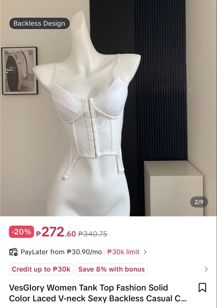 White Lace Corset Top Backless Design (Category: Sleeveless) located in Paranaque City. Submitted by http.pat (Listing ID 1471069705, Image 2). Description: - Item: White lace corset top - Features: Backless design, adjustable straps, front hook-and-eye closure, and floral lace pattern - Extra detail: Trendy strappy suspender details hanging from the bottom hem - Condition: Worn once for a photoshoot, zero flaws, super clean and ready to ship.