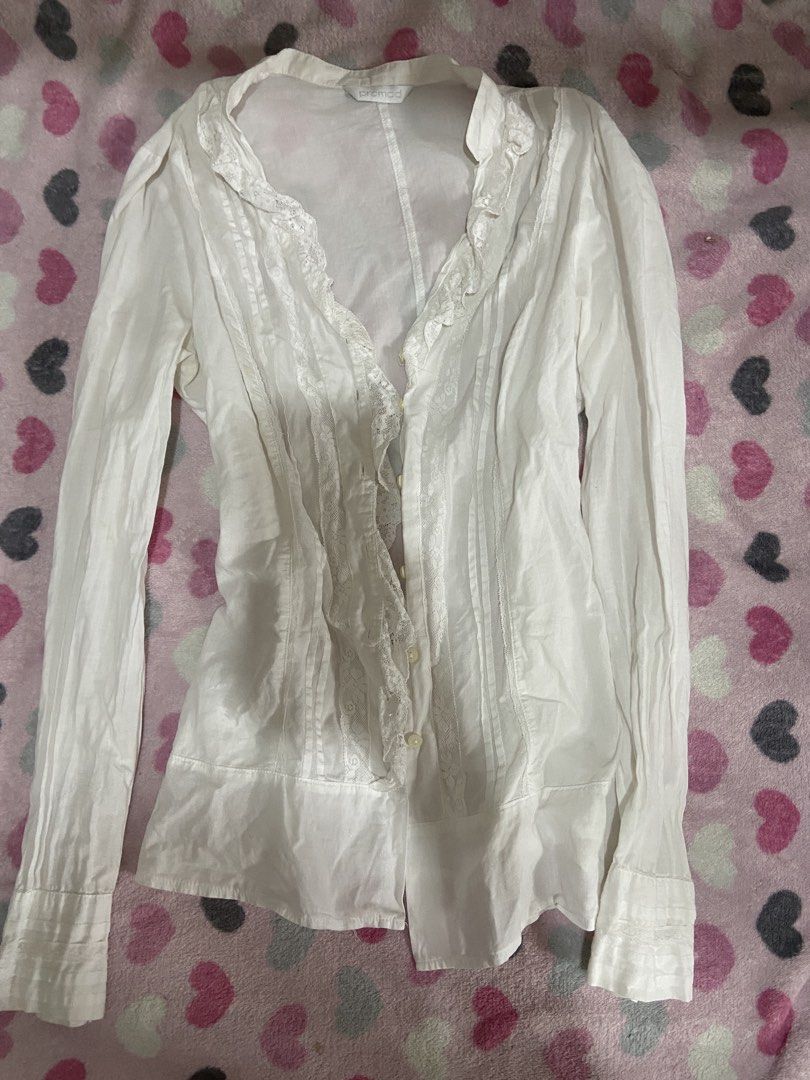 White Lace Long Sleeve Blouse (Category: Longsleeves) located in Imus. Submitted by jhhjlvr (Listing ID 1471001529, Image 1). Description: ⋆ white long sleeve with delicate lace trim along V-neckline and front placket ⋆ ruffles on collar and cuffs ⋆ perfect for layering ⋆ has washable stains ⋆ mod: bank transfers or gcash ⋆ meet up or j&t delivery .
