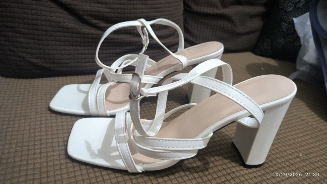 White Square Toe Strappy Block Heel Sandals (Category: Heels) located in Manila. Submitted by ljane_459 (Listing ID 1471069326, Image 1). Description: - Original price: 358 - Color: White with nude inner sole - Heel: Comfortable chunky block heel - Toe: Modern square open toe - Design: Multiple thin straps with secure ankle buckle closure - Style: Super trendy, versatile for dressing up or down - Mode of Payment: GCash or BDO - Shipping: Same-day