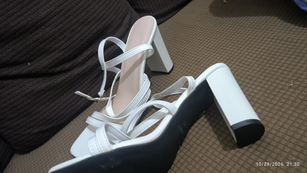 White Square Toe Strappy Block Heel Sandals (Category: Heels) located in Manila. Submitted by ljane_459 (Listing ID 1471069326, Image 3). Description: - Original price: 358 - Color: White with nude inner sole - Heel: Comfortable chunky block heel - Toe: Modern square open toe - Design: Multiple thin straps with secure ankle buckle closure - Style: Super trendy, versatile for dressing up or down - Mode of Payment: GCash or BDO - Shipping: Same-day