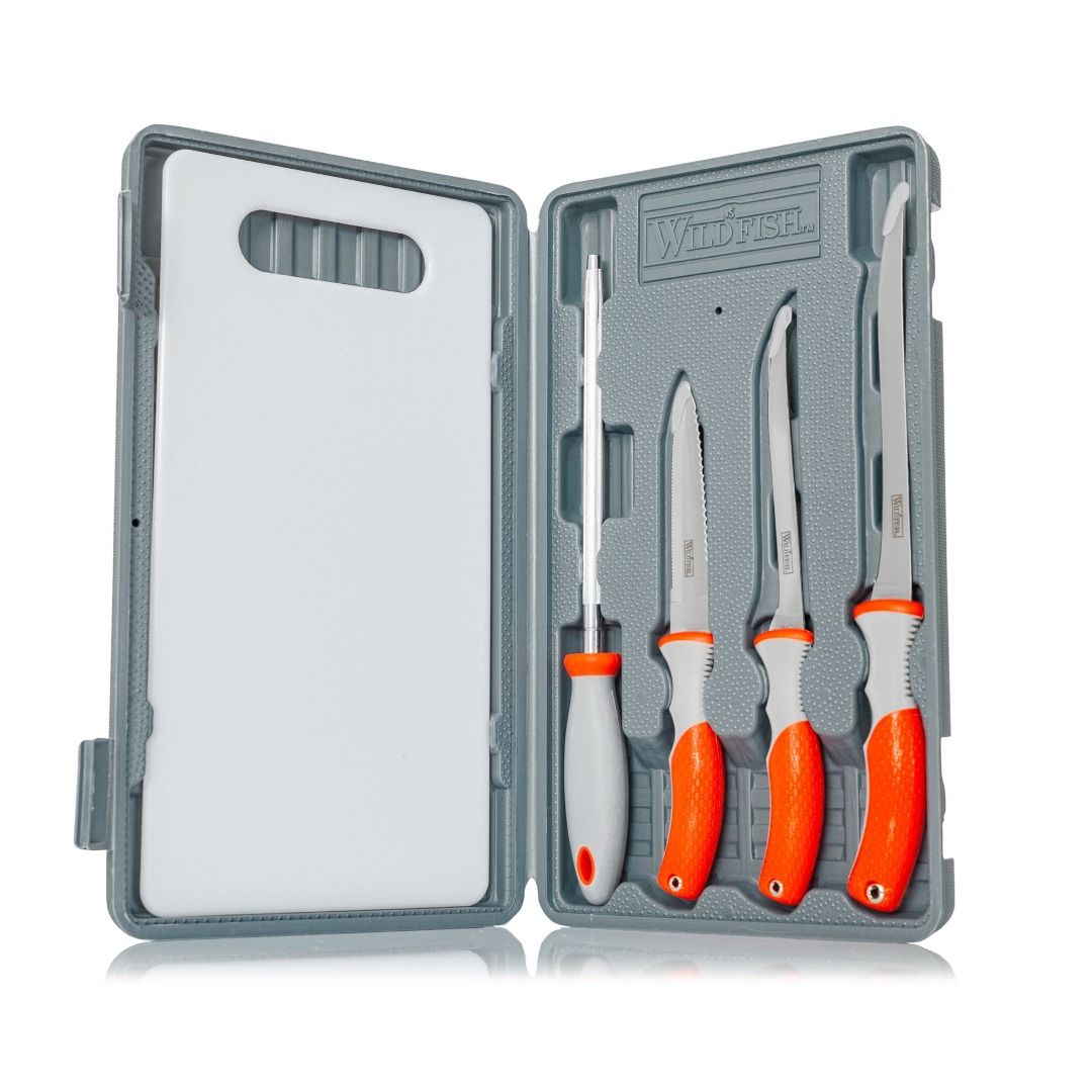 WildFish Fillet Knife Set with Cutting Board and Case (Category: Knives & Chopping Boards) located in Subic. Submitted by yvngw_lf (Listing ID 1471030676, Image 1). Description: - Complete fishing knife set - Includes 3 essential blades: serrated, curved, and straight fillet knife - Comes with a handy sharpening steel to keep edges sharp - Includes a white plastic cutting board that fits inside the case lid .