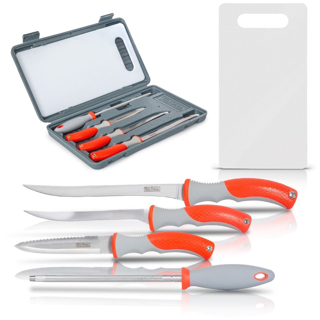 WildFish Fillet Knife Set with Cutting Board and Case (Category: Knives & Chopping Boards) located in Subic. Submitted by yvngw_lf (Listing ID 1471030676, Image 2). Description: - Complete fishing knife set - Includes 3 essential blades: serrated, curved, and straight fillet knife - Comes with a handy sharpening steel to keep edges sharp - Includes a white plastic cutting board that fits inside the case lid .