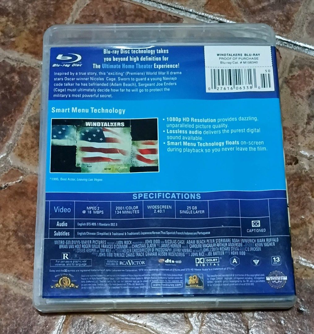 Windtalkers Blu-ray Movie Nicolas Cage (Category: CDs & DVDs) located in Quezon City. Submitted by dancatz (Listing ID 1471083448, Image 3). Description: □ P250.00 - Title: Windtalkers (Blu-ray) - Star: Nicolas Cage | Director: John Woo - Rating: R (Pervasive graphic war violence and language) - Audio: English DTS-HD Master Audio 5.1, Mandarin Dolby Digital 2.0 - Subtitles: English, Chinese, Japanese, Korean, Thai, Spanish, French, Indonesian, Po