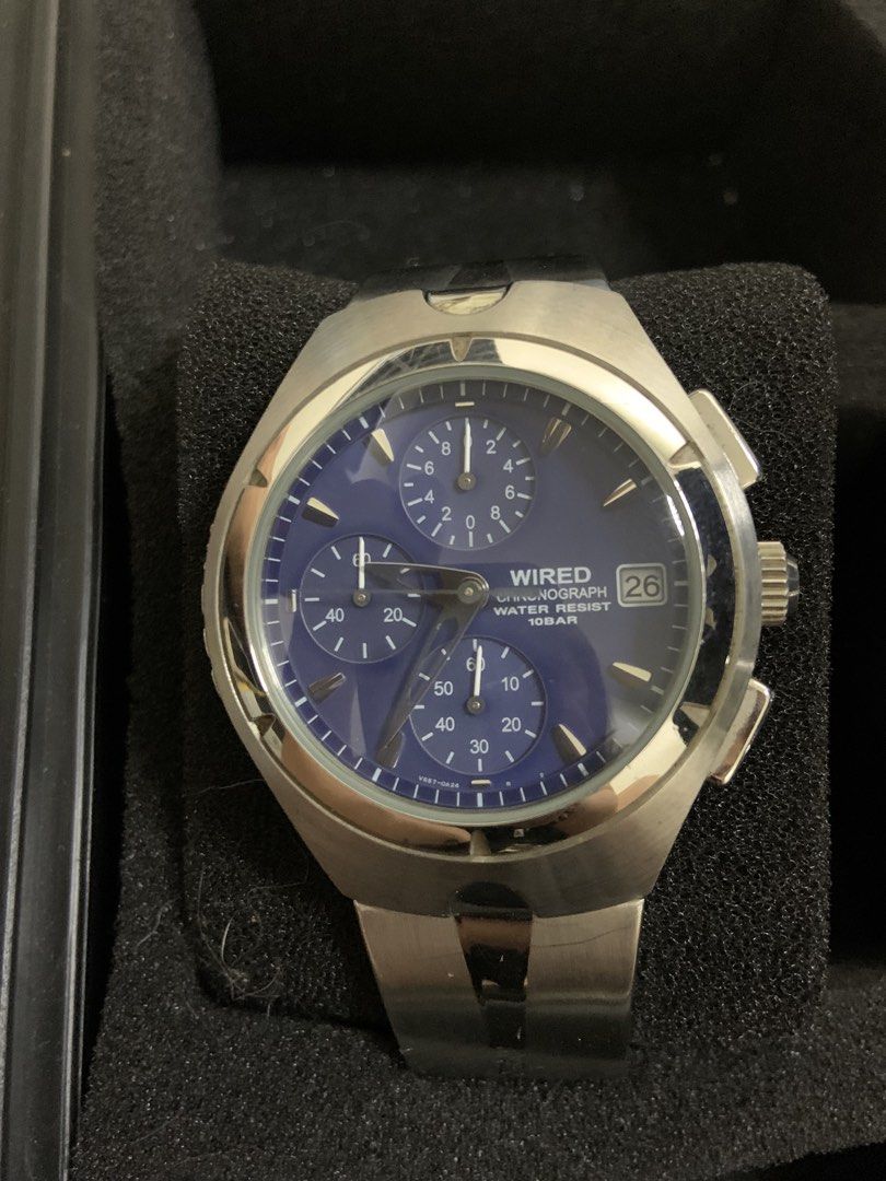 Wired Chronograph Watch Blue Dial 10Bar (Category: Men's Watches) located in Manila. Submitted by relokado (Listing ID 1470937799, Image 1). Description: - Brand/Model: Wired Chronograph Watch - Dial: Deep blue with 3 sub-dials and a date window at 3 o'clock - Case & Strap: Silver-tone stainless steel case and matching steel bracelet - Movement: Quartz movement for precise timekeeping - Water Resistance: Up to 10 bar - Perfect for daily wear or f