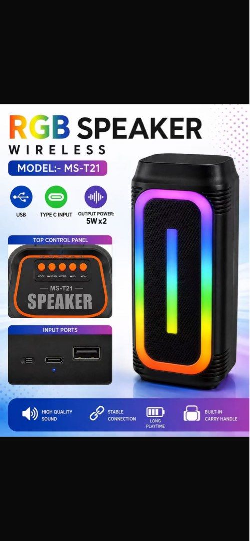 WIRELESS SPEAKER (Category: Soundbars, Speakers & Amplifiers) located in Puchong. Submitted by nicotang93 (Listing ID 1471069194, Image 1). Description: 🎆☺️NEW STOCK☺️🎆 RGB WIRELESS SPEAKER 4”INCH 5Wx2 MODEL:-🌹MS-T21🌹 .