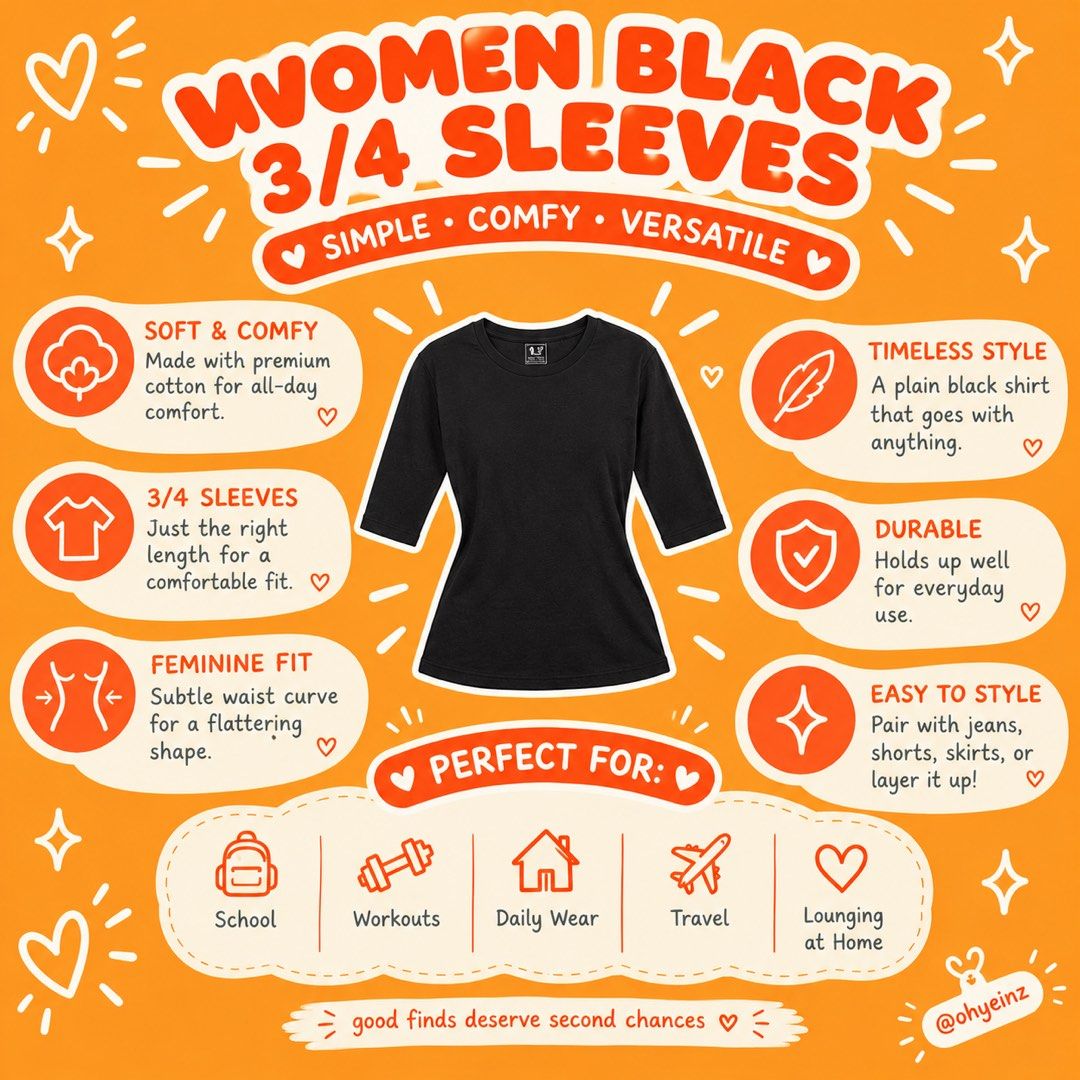 Women Black 3/4 Sleeves (Category: Longsleeves) located in Navotas City. Submitted by ohyeinz (Listing ID 1470935942, Image 1). Description: Simple, comfy, and easy to style! Perfect for everyday wear, school, errands, or casual OOTDs. A classic black top with a flattering waist shape that goes well with jeans, skirts, and shorts. ✨🤩.