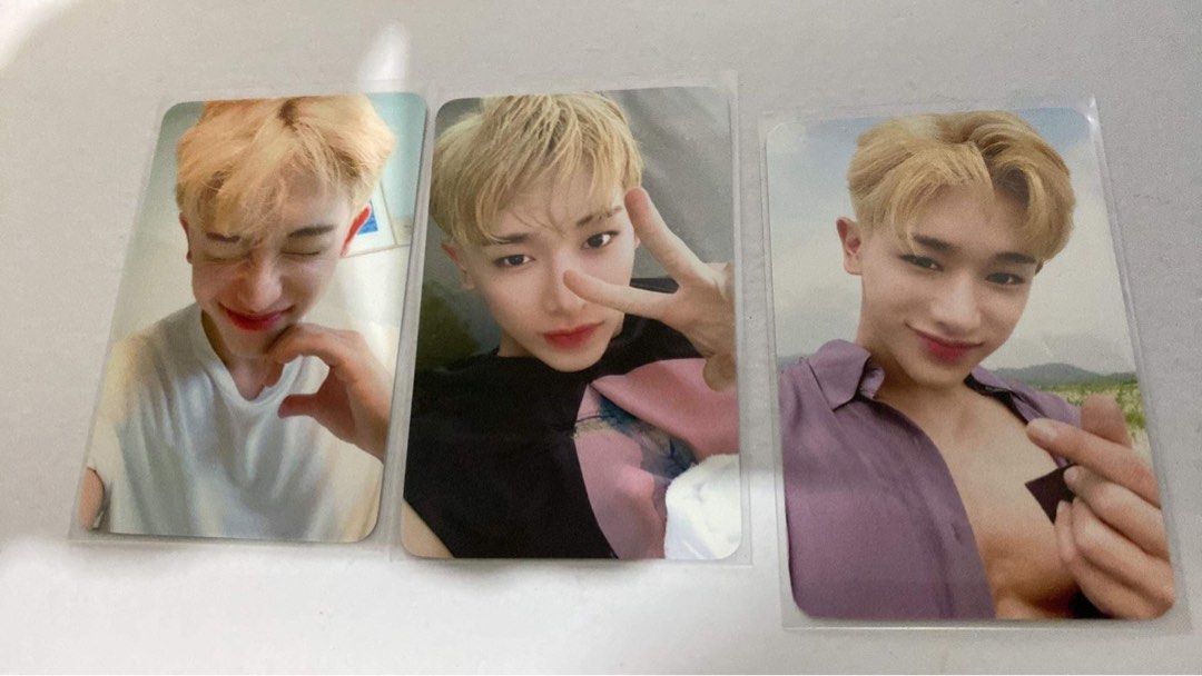 Wonho Official Love Synonym Photocard (Category: K-Wave Merchandise) located in Manila. Submitted by declutteringpj24 (Listing ID 1471064318, Image 1). Description: - Set of 3 official Wonho photocard pieces - Features blonde hair looks: white t-shirt, black t-shirt, and purple button-down shirt - Includes clear protective sleeves for each card - Stored safely away from direct light.