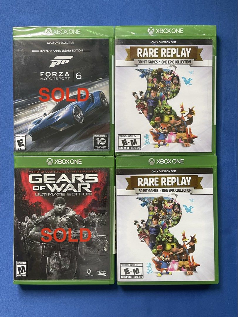 Xbox One Games (Category: Xbox) located in Manila. Submitted by sallykuwait (Listing ID 1469534620, Image 1). Description: - Xbox One video game bundle (4 games total) - Includes Forza Motorsport 6 Ten Year Anniversary Edition - Includes Gears of War Ultimate Edition - Includes two copies of Rare Replay - All original cases and discs included - Great mix of racing, action, and retro classics Sold separately Forza 6 - SOLD Gears of War: Limited Ed