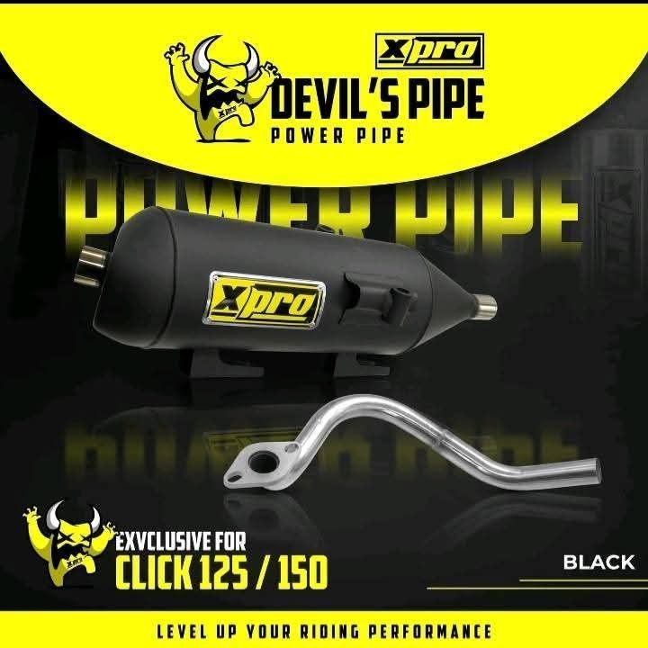Xpro Devil's Power Pipe for Click 125 / 150 (Category: Mufflers, Exhaust Parts & Accessories) located in Manila. Submitted by kuys_vince. (Listing ID 1471005714, Image 1). Description: - Authentic Xpro Devil's Power Pipe in sleek black finish - Custom-fit exclusively for Honda Click 125 and 150 models - Complete set including full exhaust assembly and header pipe - Comes with the original branded box - Designed to level up your riding performance