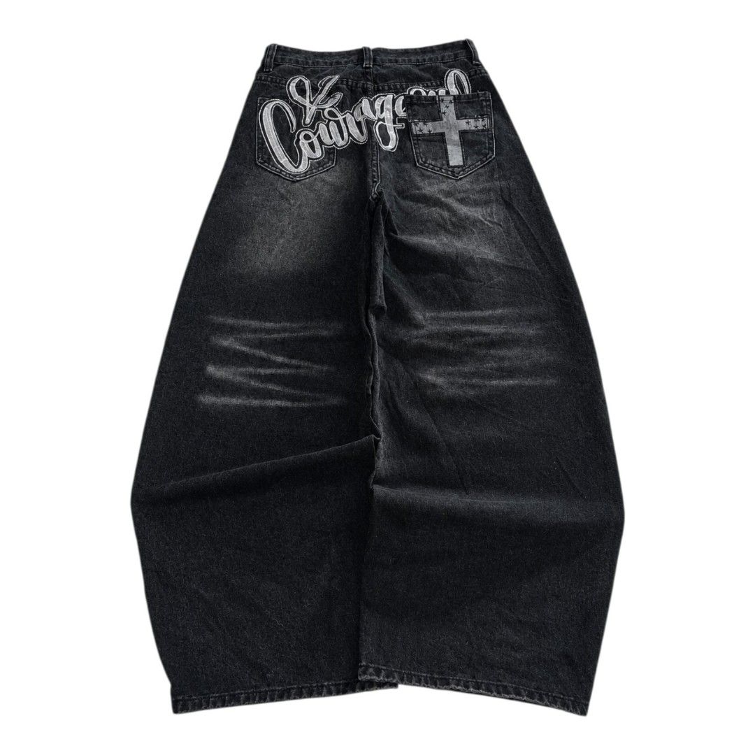 Y2k black washed barrel pants (Category: Jeans) located in Naga. Submitted by justthrift09 (Listing ID 1471116362, Image 1). Description: Size 28-30 length 41 thigh 13 leghole 11 hard denim.