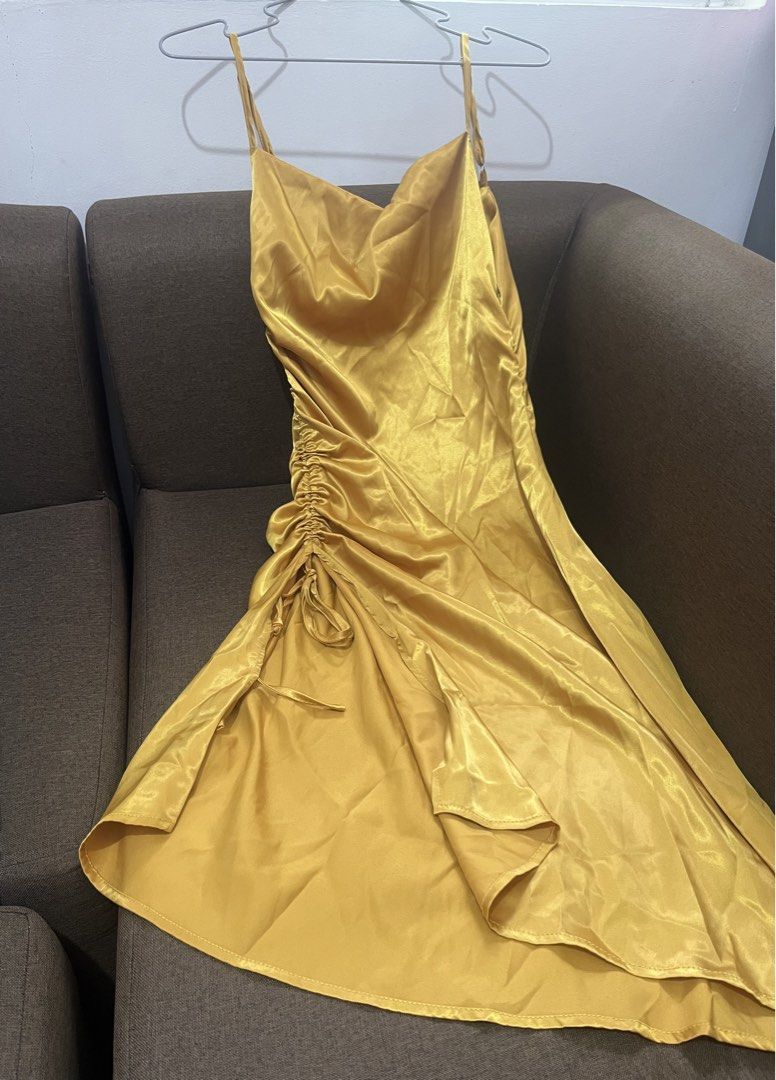 yellow gold satin dress (Category: Dresses) located in Rizal. Submitted by sheshells.gem (Listing ID 1470939616, Image 3). Description: size: small color: yellow gold material: smooth / glossy / satin condition: worn once for a few hours (pictorial) / properly stored like new best for formal events, dinners parties and dates silk spaghetti-strap slip dress with a cowl neckline and a high side slit..