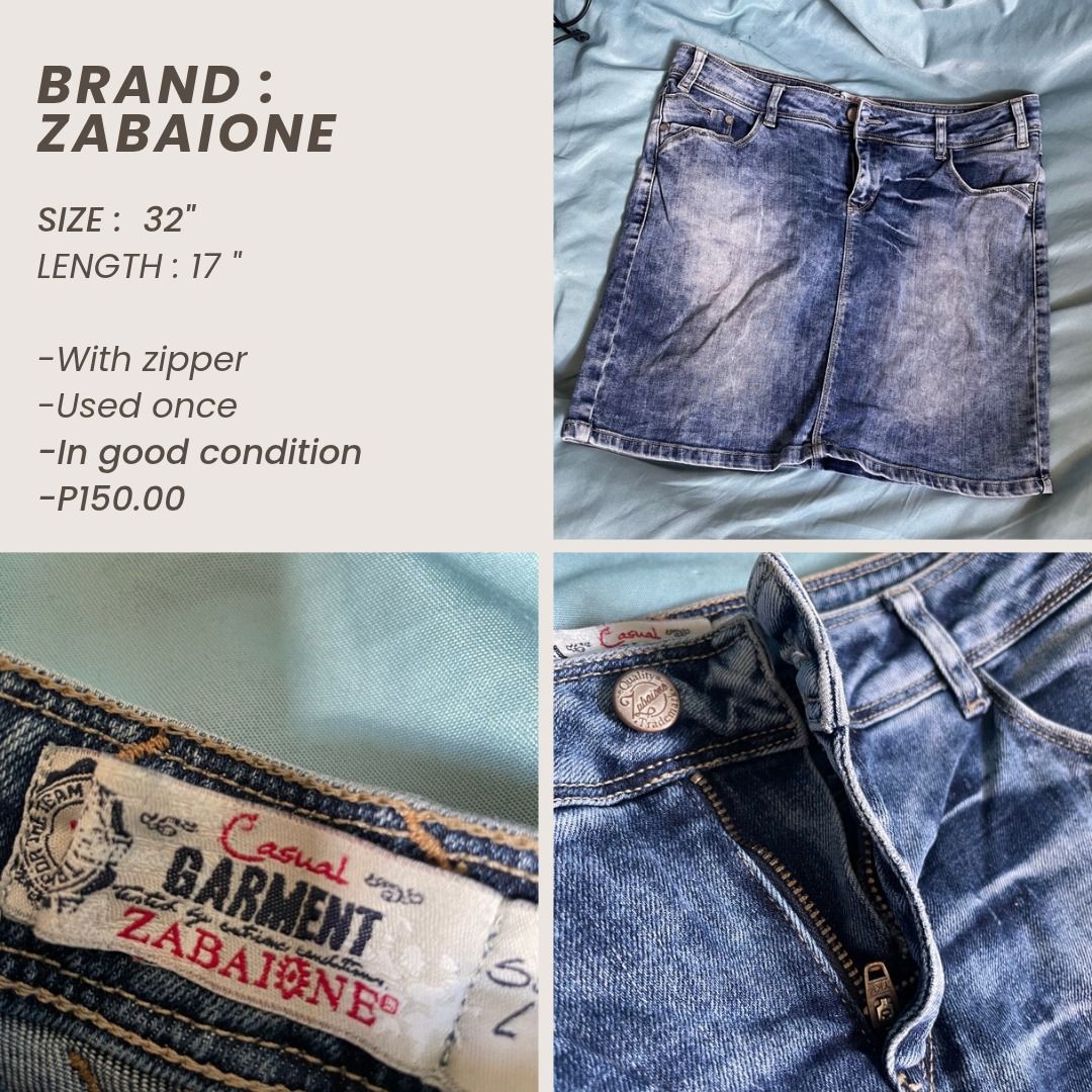 ZABAIONE Denim Skirt Size 32 (Category: Skirts) located in Guiguinto. Submitted by plumpypeachyyy (Listing ID 1470951696, Image 1). Description: - Brand: ZABAIONE - Style: Denim skirt in a trendy blue acid wash finish - Size: 32 - Length: 17 inches - Features: Front zipper closure and standard pockets - Condition: Worn only once, practically spotless and like new.