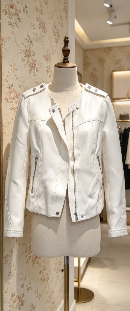 Zara Basic White Biker Jacket Size S (Category: Coats, Jackets and Outerwear) located in Manila. Submitted by charlottej01596 (Listing ID 1470946554, Image 1). Description: - Brand: Zara Basic - Size: S (EUR S, USA S, MEX 26) - Details: Silver-tone zippers, snap buttons on shoulders and collar, two front zipped pockets - Origin: Made in Morocco - Condition: Clean finish, great for everyday wear.