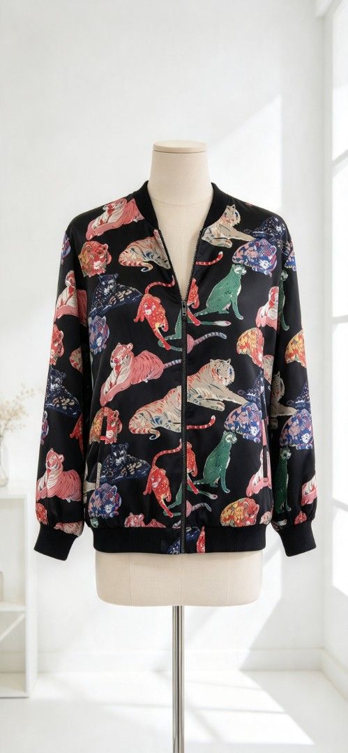 Zara Basic Z1975 Denim Tiger Print Bomber Jacket XS (Category: Coats, Jackets and Outerwear) located in Manila. Submitted by charlottej01596 (Listing ID 1470965319, Image 1). Description: - Brand: Zara Basic - Style: Bomber jacket with all-over colorful tiger print - Color: Black background with multicolor print - Size: XS - Material: Lightweight satin-like fabric with comfortable lining - Details: Full zip front, ribbed collar, cuffs, and hem - 