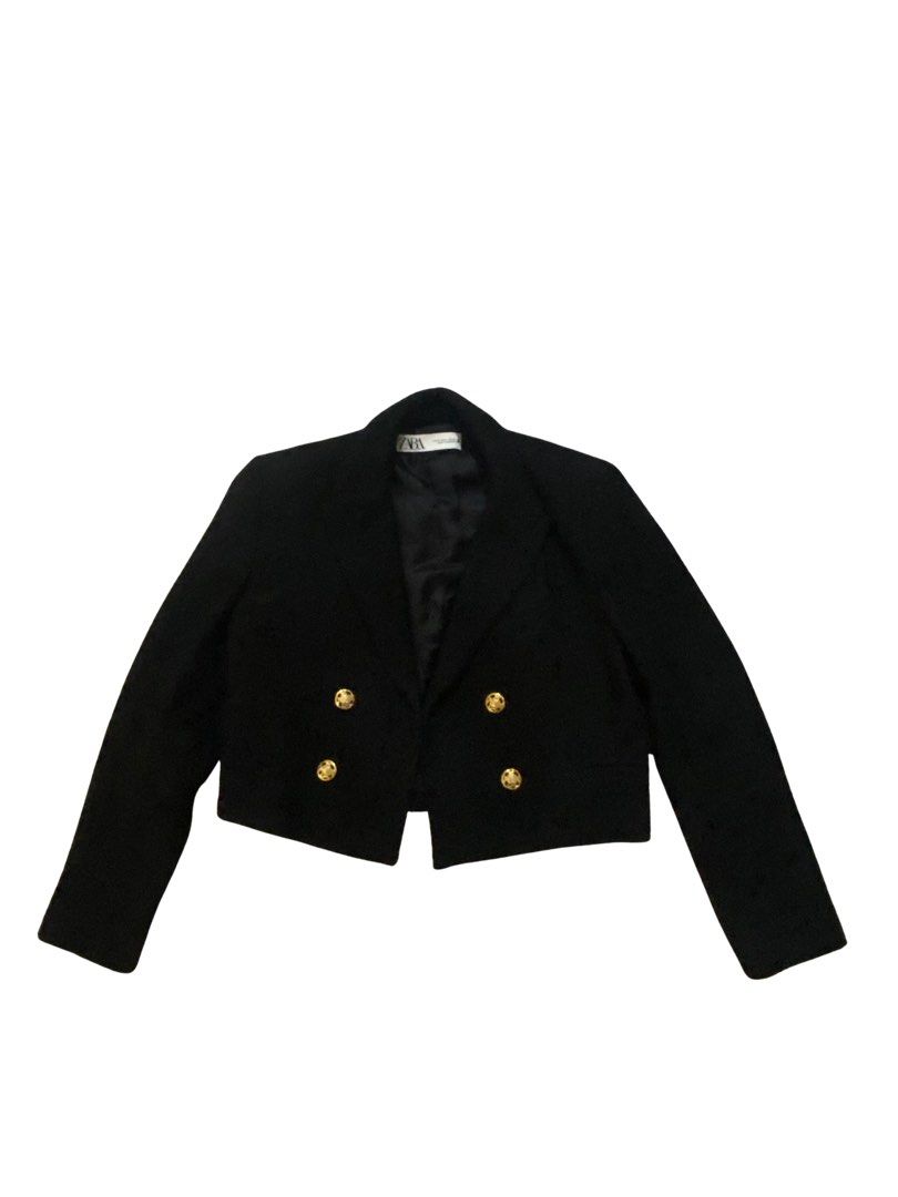 Zara Black Cropped Tweed Blazer Size S (Category: Coats, Jackets and Outerwear) located in Manila. Submitted by repsszzx (Listing ID 1470943132, Image 1). Description: - Brand: Zara - Style: Cropped double-breasted blazer - Material: Textured tweed with black satin lining - Details: Ornate gold-toned metal buttons on front and cuffs, structured shoulders and lapels - Size: S (Made in Morocco) - DM for more infos!.