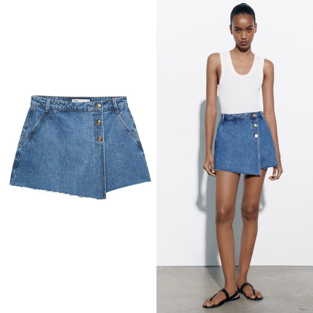 Zara Denim Skort Size Medium (Category: Skirts) located in Quezon City. Submitted by cabs. (Listing ID 1471087434, Image 1). Description: High-waist skort with a crossover front. Front pockets and rear patch pockets. Seamless hem. Front fastening with hidden zip and buttons. Size Medium on tag.