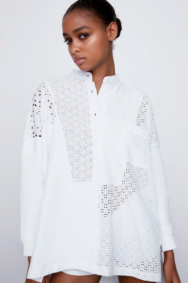 ZARA White Eyelet Cotton Long Back Top L22 (Category: Dresses) located in Manila. Submitted by chloereicapsule (Listing ID 1471097868, Image 3). Description: L-semi XL size, combination of cotton and eyelet fabric, buttons are working, long back, color rate white 9/10 pm for other inquiries .