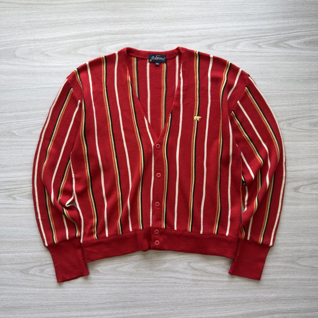 1980s Jack Nicklaus Striped Knitted Cardigan (Category: Coats, Jackets and Outerwear) located in Zamboanga. Submitted by timelytreasuresthrift (Listing ID 1465660215, Image 1). Description: 1980s Jack Nicklaus Striped Knitted Cardigan Very Good Condition Actual measurements (Inches): 24 Length 24 Armpit to armpit 22.5 Shoulder 26 Sleeve Php 600 + sf.