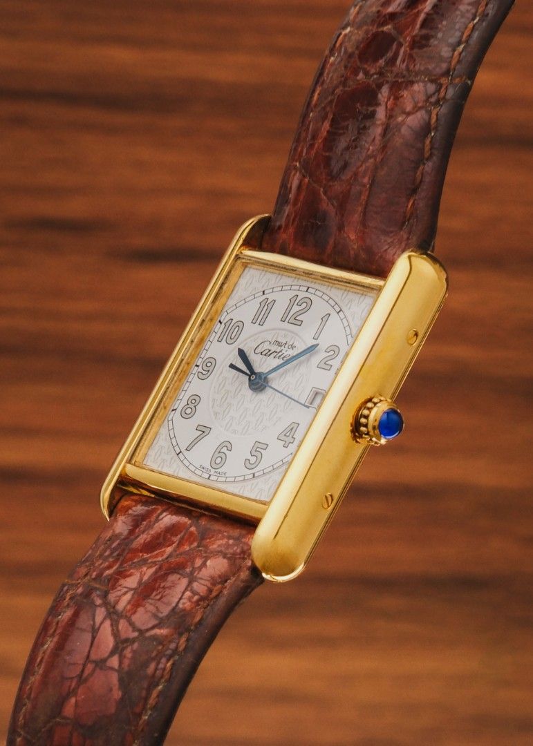 1990s Must de Cartier Tank (Big Size) (Category: Luxury Watches) located in Manila. Submitted by windsorfinery (Listing ID 1465614807, Image 3). Description: Must de Cartier Tank W1013954 / 2413 1990s Quartz 34mm x 26mm Vermeil (925 sterling silver plated in gold) Mineral Cartier strap Box: No, but with Cartier pouch Papers: No Others: 1-Year Mechanical Warranty by Windsor Finery Co. Cash Price: ₱158,000 ✔️ Layaway accepted ✔️ Credit cards accept