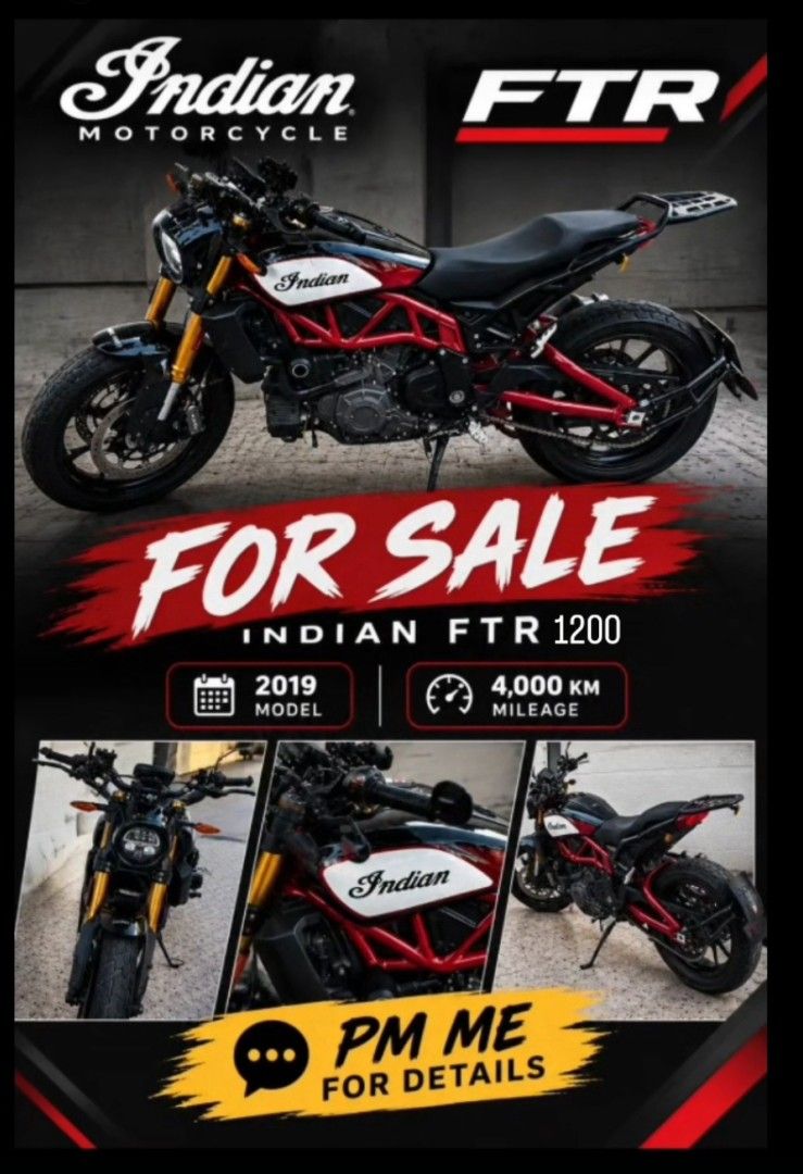 2019 Indian FTR 1200 Motorcycle (Category: Motorbikes for Sale) located in Meycauayan. Submitted by Naissirk (Listing ID 1465655184, Image 1). Description: 2019 Indian FTR 1200. Only 4000 km on the odometer. Black and red color scheme with white tank panels carrying the Indian logo. Digital dash display and dual exhaust setup. Rear rack installed. Runs great, very low mileage for the year..