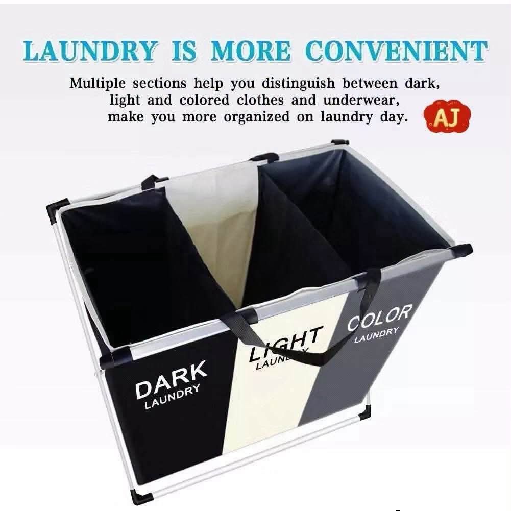3-Section Foldable Laundry Hamper Organizer Basket (Category: Laundry Baskets) located in Manila. Submitted by iliasjen3082126 (Listing ID 1465665147, Image 2). Description: - 3 separate labeled compartments for darks, lights, and colors - Sturdy aluminum X-frame that easily folds flat for storage - Lightweight design equipped with convenient carrying handles - Dimensions: approx. 68cm (L) x 38cm (W) x 60cm (H) - Brand new and unopened in origina