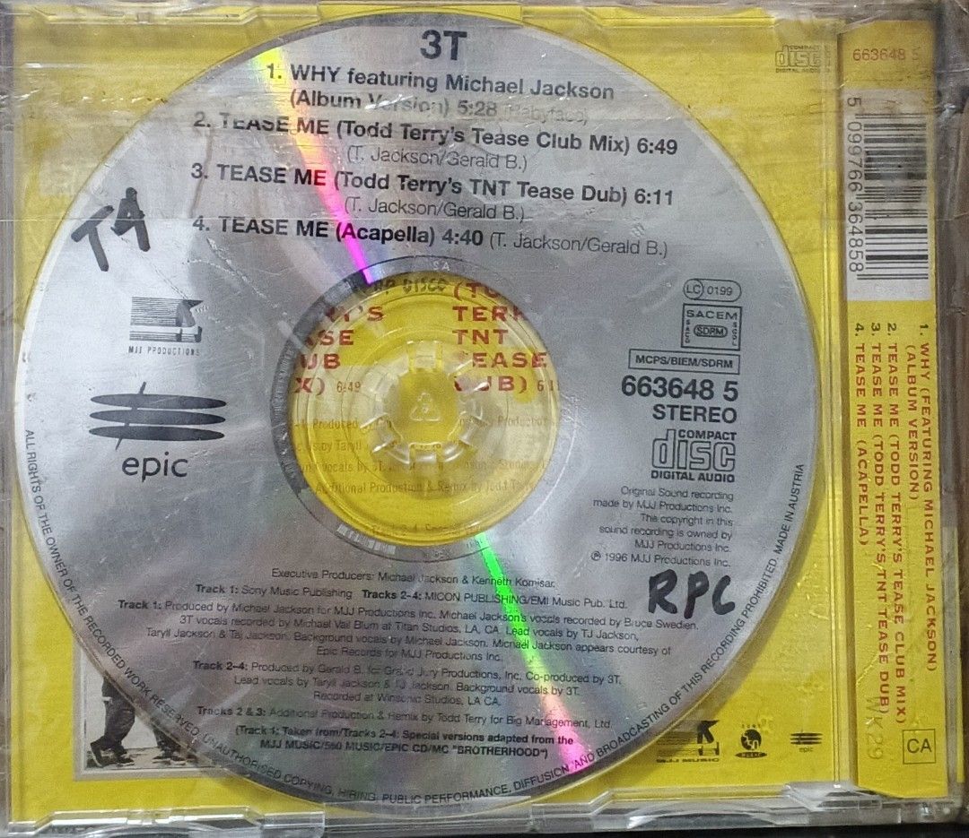 3T I Need You CD Single Album (Category: CDs & DVDs) located in Manila. Submitted by ruelcabrer77078 (Listing ID 1465687805, Image 2). Description: - Artist/Title: 3T CD Single featuring Michael Jackson - Key Tracks: "I Need You", "Why", plus Todd Terry remixes (4 tracks total) - Label/Pressing: Epic Records (Catalog #663648 5), Made in Austria - Condition: Jewel case has minor wear and scuffs; CD plays great - Perfect for: 90s R&B lovers and Jac