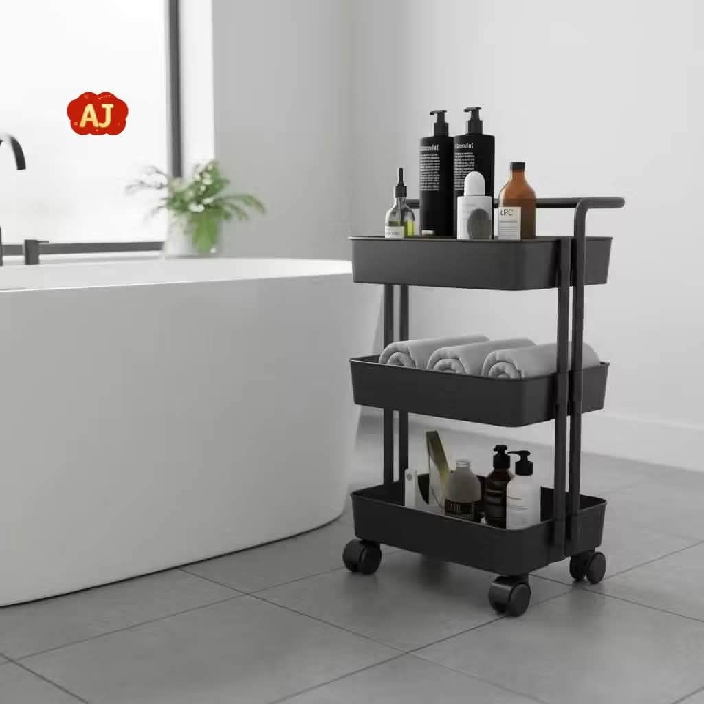 3-Tier Rolling Storage Utility Cart Black (Category: Storage Boxes & Baskets) located in Manila. Submitted by iliasjen3082126 (Listing ID 1465664890, Image 3). Description: - Color: Sleek Black - Dimensions: Approx. 41cm (L) x 30cm (W) x 78cm (H) - Features: 3 sturdy ABS plastic baskets (7cm depth) and 4 smooth rolling wheels - Assembly: Super easy to assemble - Best Uses: Perfect for organizing bathroom essentials, kitchen spices, or pantry snac