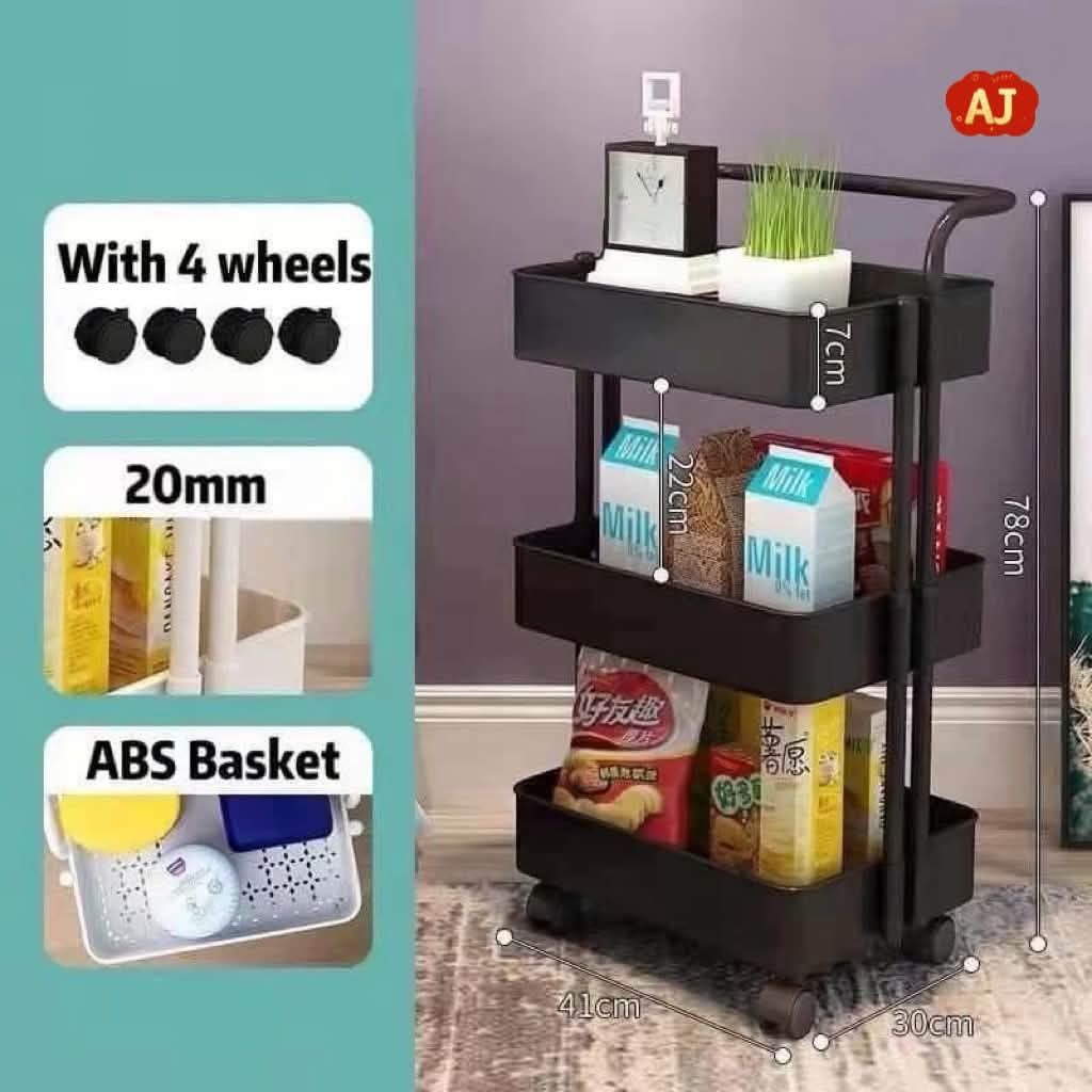 3-Tier Rolling Storage Utility Cart Black (Category: Storage Boxes & Baskets) located in Manila. Submitted by iliasjen3082126 (Listing ID 1465664890, Image 1). Description: - Color: Sleek Black - Dimensions: Approx. 41cm (L) x 30cm (W) x 78cm (H) - Features: 3 sturdy ABS plastic baskets (7cm depth) and 4 smooth rolling wheels - Assembly: Super easy to assemble - Best Uses: Perfect for organizing bathroom essentials, kitchen spices, or pantry snac