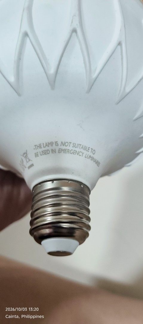 40W LED High Output Bulb 6500K (Category: Lighting) located in Pasig City. Submitted by shebelexis (Listing ID 1465620087, Image 3). Description: Power: 40W Color Temperature: 6500K Daylight Brightness: 3,600 lumens Voltage: 220–240V AC, 50/60Hz Base: E27 Condition: Used/unused? Reason for selling: Not used / no longer needed. 💡 High-brightness 40W LED bulb, suitable for larger rooms, garages, workshops, outdoor covered areas, or spaces that nee