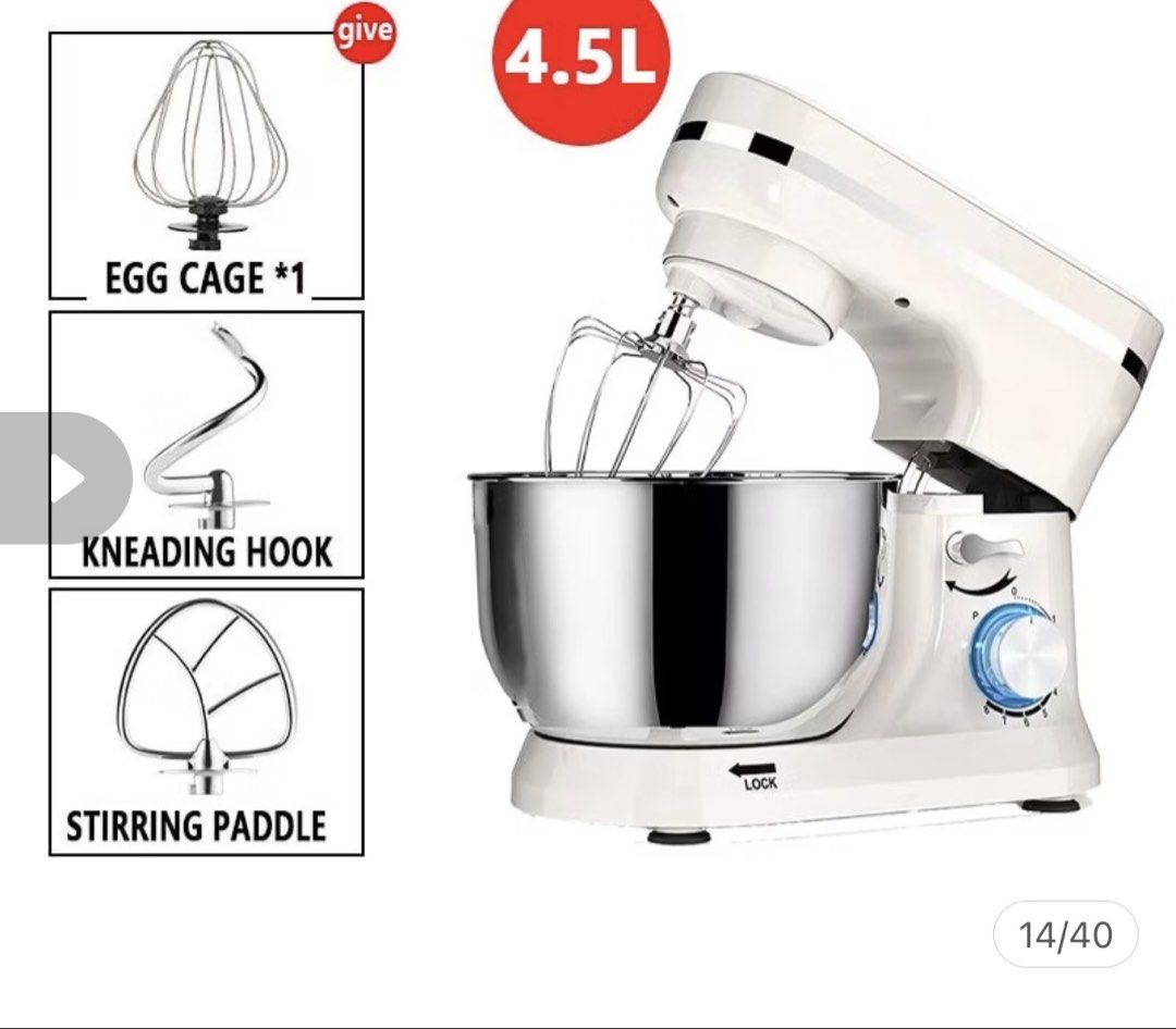 4.5L White Stand Mixer with 3 Attachments (Category: Hand & Stand Mixers) located in Taguig. Submitted by criseldamanalo (Listing ID 1465689402, Image 1). Description: - Capacity: 4.5L stainless steel bowl - Color: Sleek white design - 3 Essential Attachments: Egg cage whisk, kneading hook, and stirring paddle - Performance: Multi-speed dial with pulse setting - Design: Tilt-head with secure locking mechanism - Condition: Brand new and ready to s