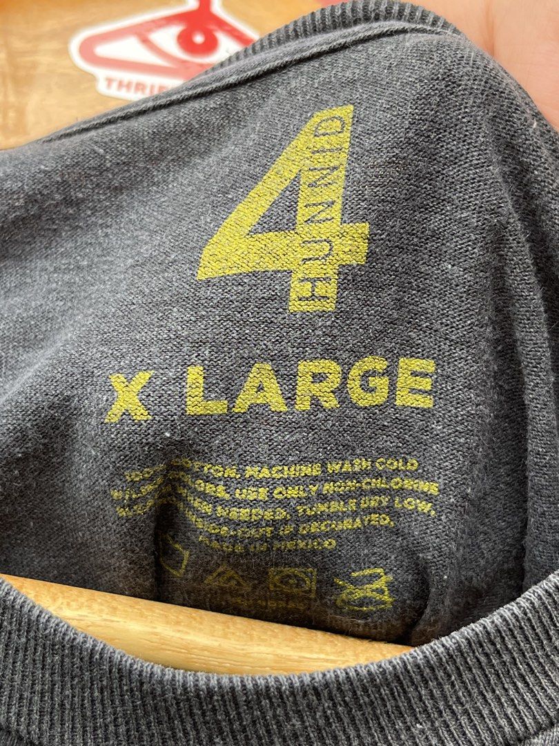 4hunnid shirt (Category: Tshirts & Polo Shirts ) located in Cavite. Submitted by thriftniowen (Listing ID 1465733502, Image 3). Description: 4hunnid shirt Size XL Chest: 23 Length: 29.5 Condition: good Flaws: fades, hole.