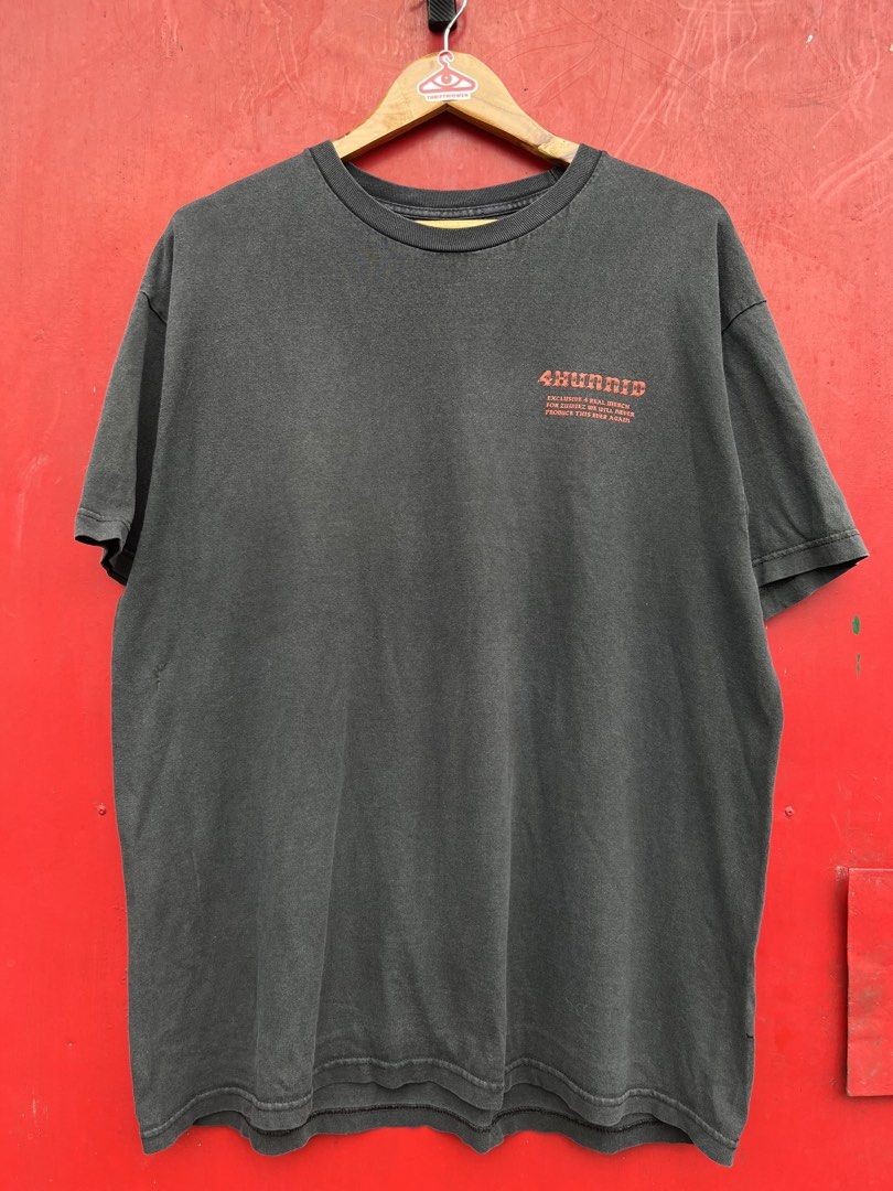 4hunnid shirt (Category: Tshirts & Polo Shirts ) located in Cavite. Submitted by thriftniowen (Listing ID 1465733502, Image 2). Description: 4hunnid shirt Size XL Chest: 23 Length: 29.5 Condition: good Flaws: fades, hole.
